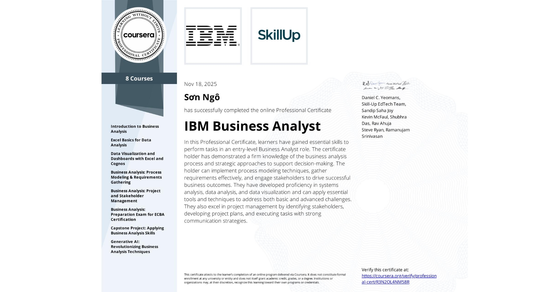 IBM Business Analyst certificate preview